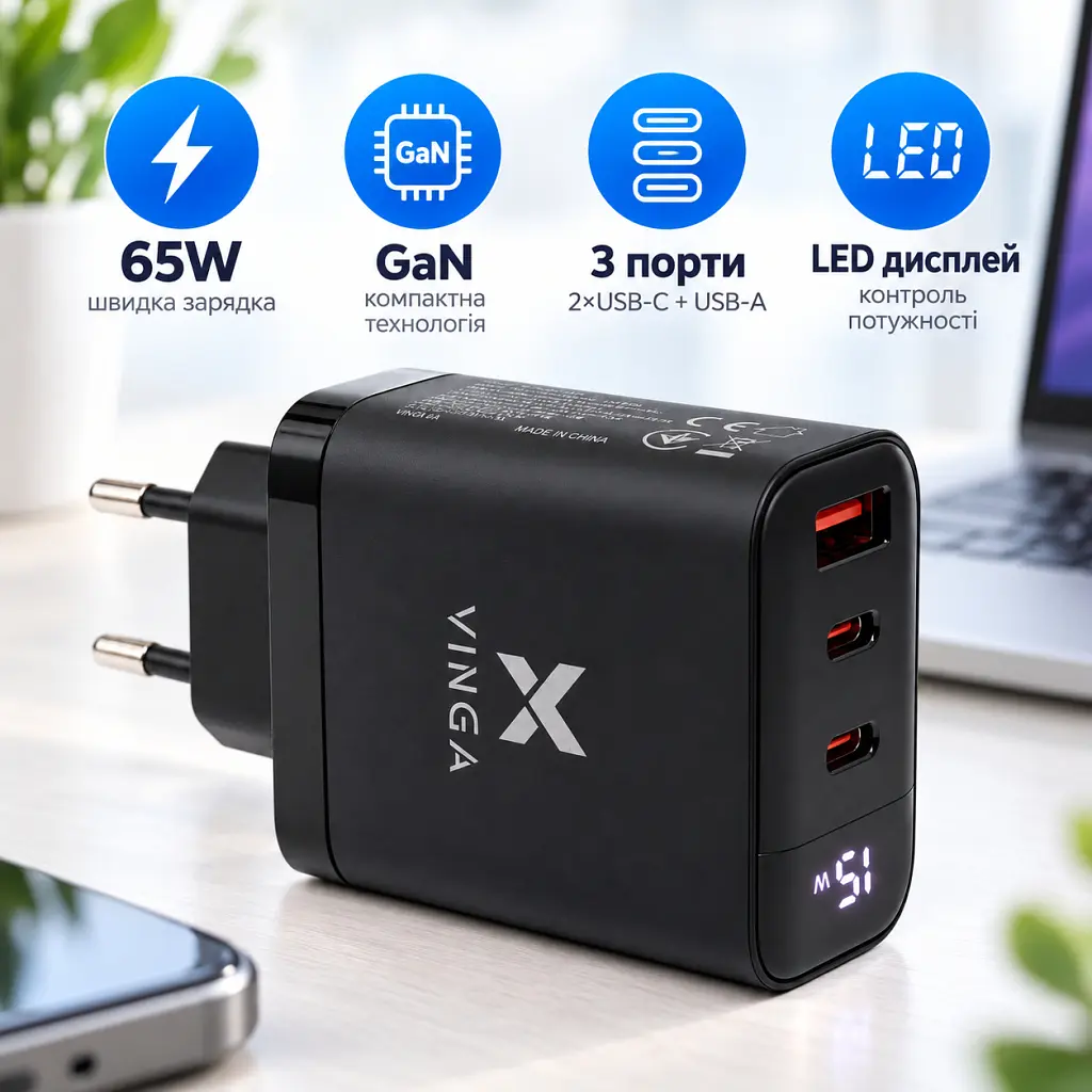 Зарядний пристрій Vinga 2xUSB-C + USB-A Display 65W (VCR65ACCDB) - фото 4