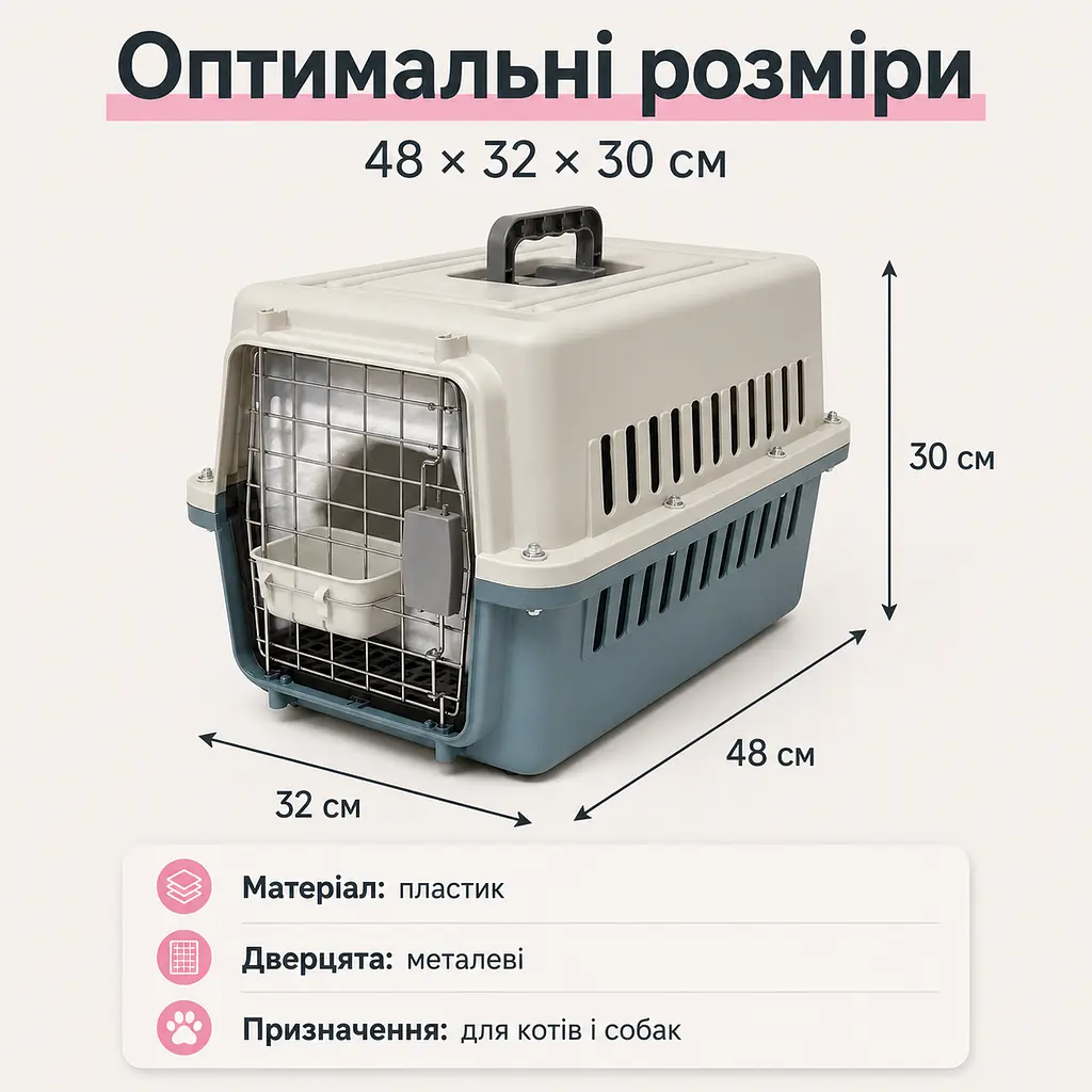 Переноска для котів і собак до 12 кг 48×32×30 - вентильована з комплектом (підвісна миска тавнутрішнім вкладишем) KT8002012 - фото 3