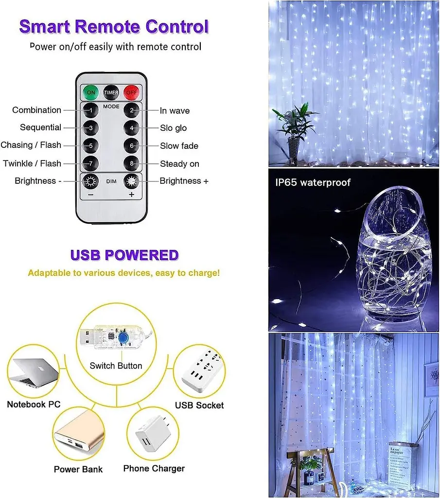 Lezonic Штора гірлянда, 3m×3m 300LED 8 режимів пульт дистанційного керування Таймер Регульована яскравість, Curtain Fairy Light - фото 3