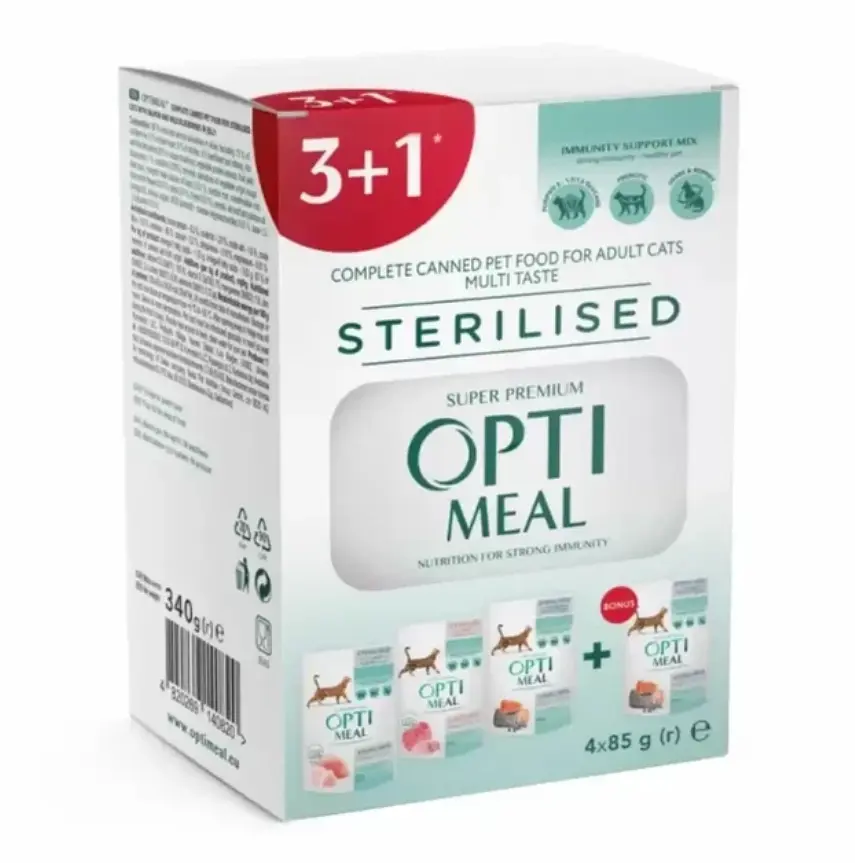 Набір 3+1 вологого корму для стерилізованих котів Optimeal Adult Cats Sterilised Multi Taste, 4 × 85 г