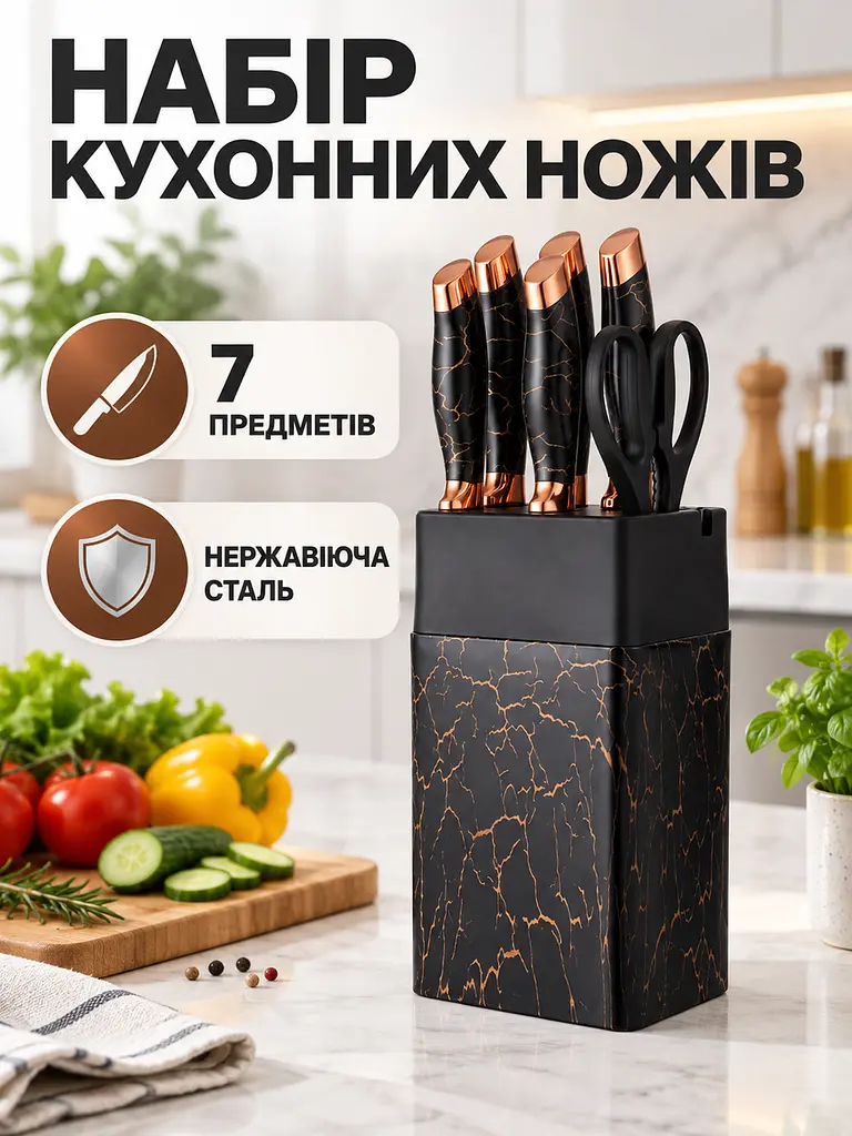 Набір кухонних ножів 7 предметів: 5 ножів, ножиці та підставка, нержавіюча сталь, чорно-золотистий (49676412) - фото 2