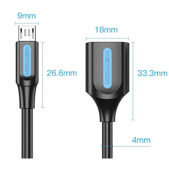 Перехідник USB 2.0 Micro BM USB AF (OTG) 0.15 м, PVC Vention чорний - фото 3