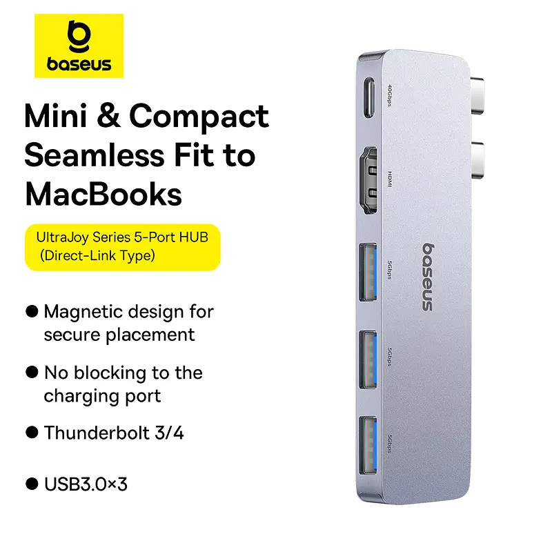 USB-хаб Baseus UltraJoy Series 5-Port HUB Space Grey (USB-C*2 to USB-C 40Gbps*1+HDMI 4K@30Hz*1+USB3.0*3） (B00052801811-04) - фото 9