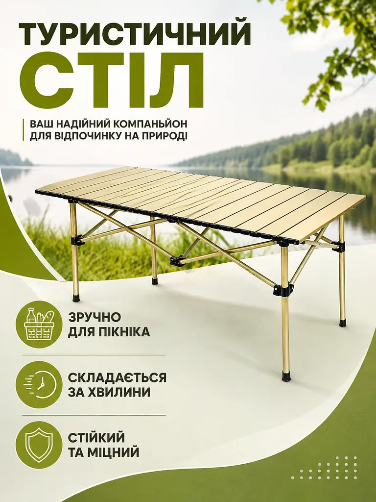 Стіл складаний туристичний 120×55×51 см бежевий для пікніка кемпінгу та риболовлі (49675945) - фото 2