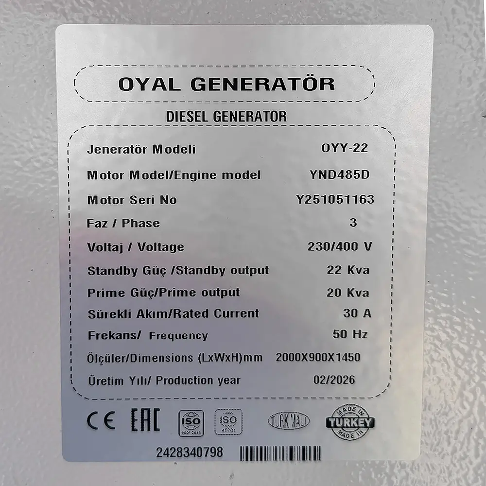 Дизельний генератор OYAL OYY-22 YANG DONG YND485D 22KVA/17.6KW, Альтернатор OYL184E, витрата 75% навантаження - 4,2 літри/годину, 230/400 В, 50 Гц (AVR+ATS) 2000*900*1200 мм, 630 кг, 115 л - фото 2