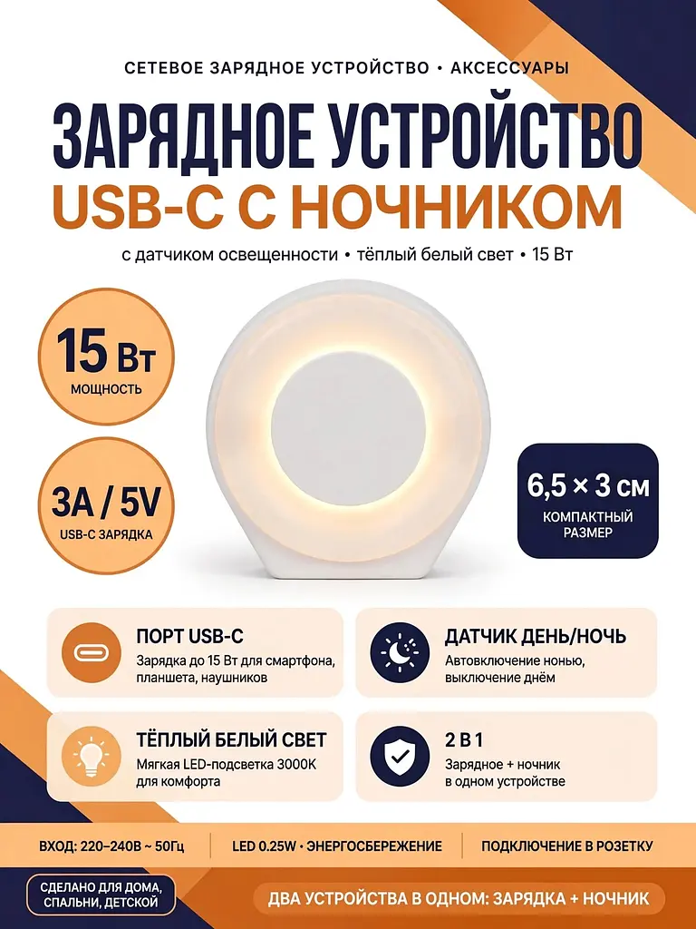 Зарядний пристрій USB-C з нічником та датчиком світла 15W Білий - фото 3