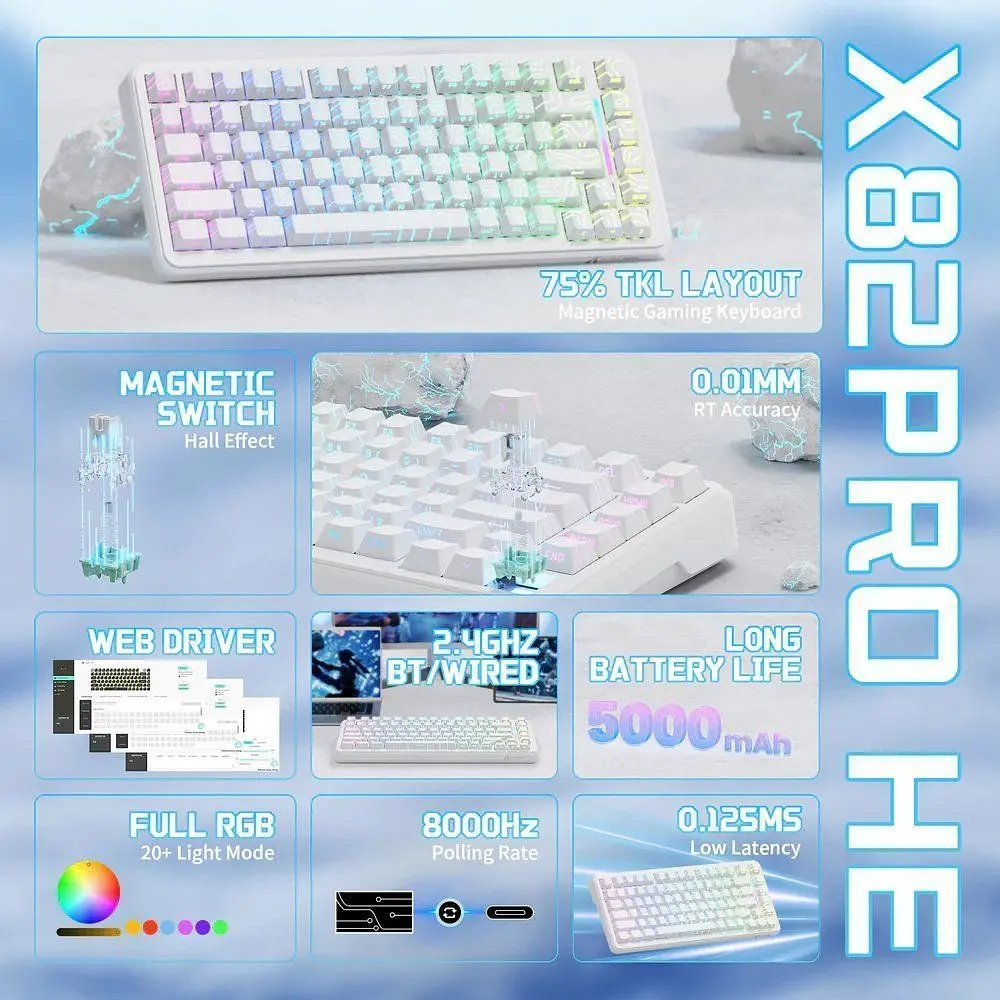 Клавіатура Attack Shark X82 Pro RGB HE Magnetic Switch Wireless White Contour Line (AS-6972792470702-WCL) [166727] - фото 2
