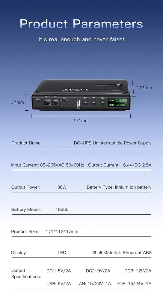 Безперебійник для роутерів UPS 36W Docreate DC1036L POE USB 3xDC (5/9/12V) без АКБ - фото 3