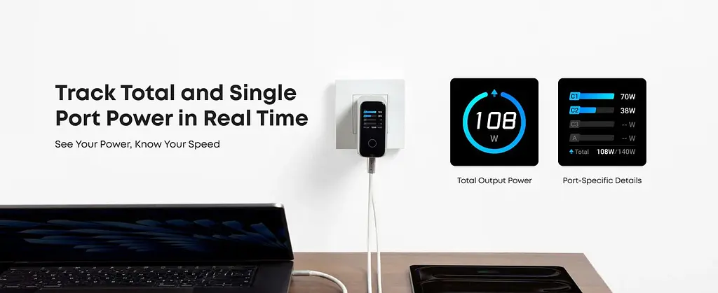 Зарядний пристрій ANKER Laptop GaN Charger 140W Smart з екраном PD 3.1 4 порти USB (B2697G41) - фото 4