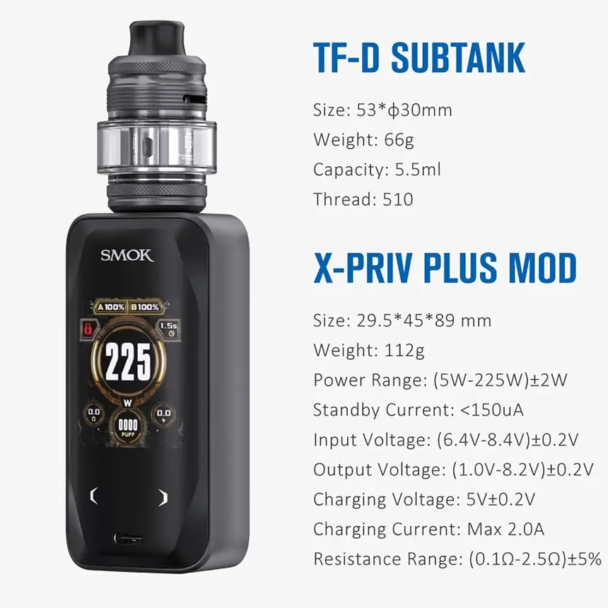 Електронна сигарета Smok X-PRIV Plus 225W with TF-D Sub-ohm Tank 5.5ml Kit Black (18833) - фото 3