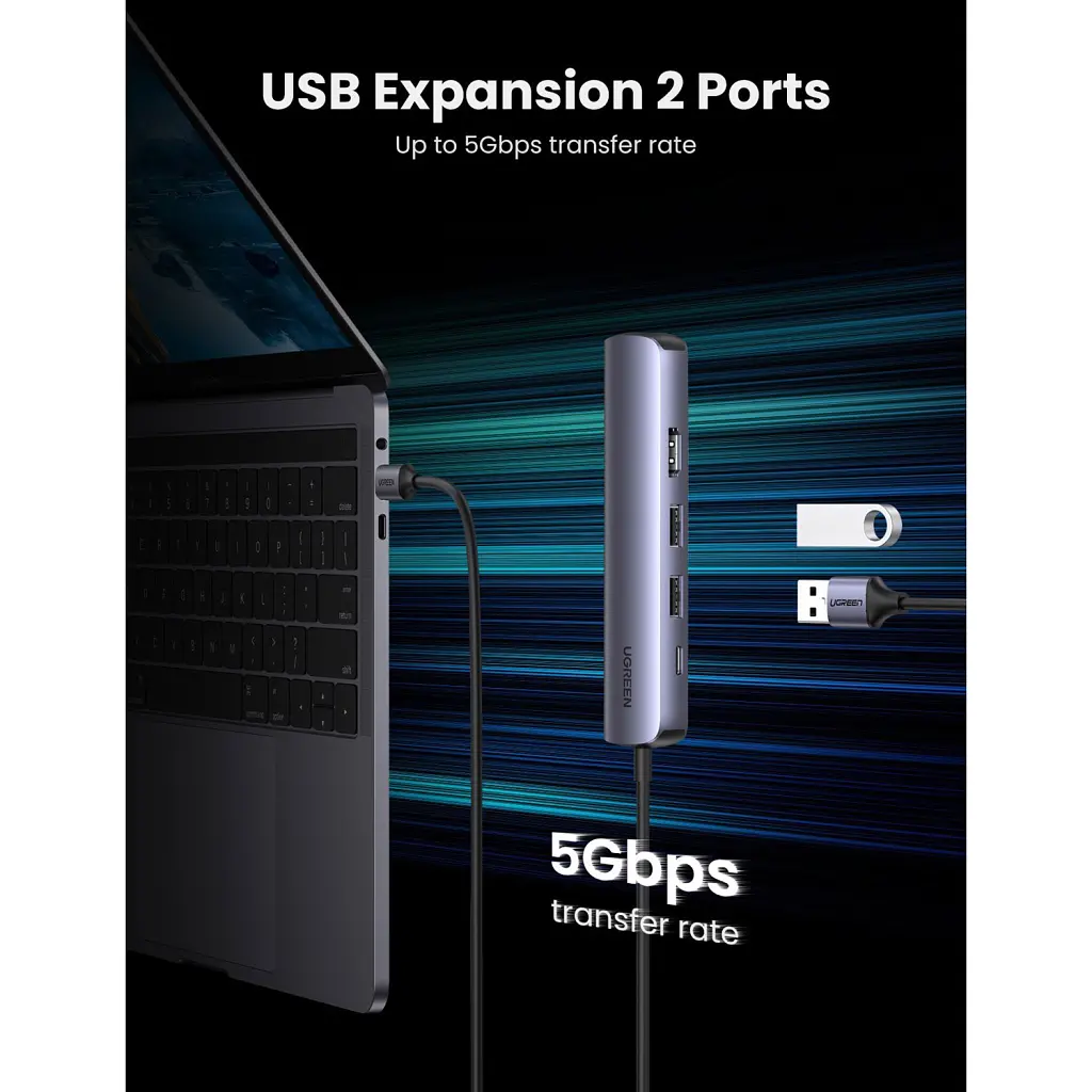 Концентратор Ugreen USB3.0 Type-C to HDMI 4K30Hz/USB 3.0x2/RJ45/PD CM418 (10919) - фото 6