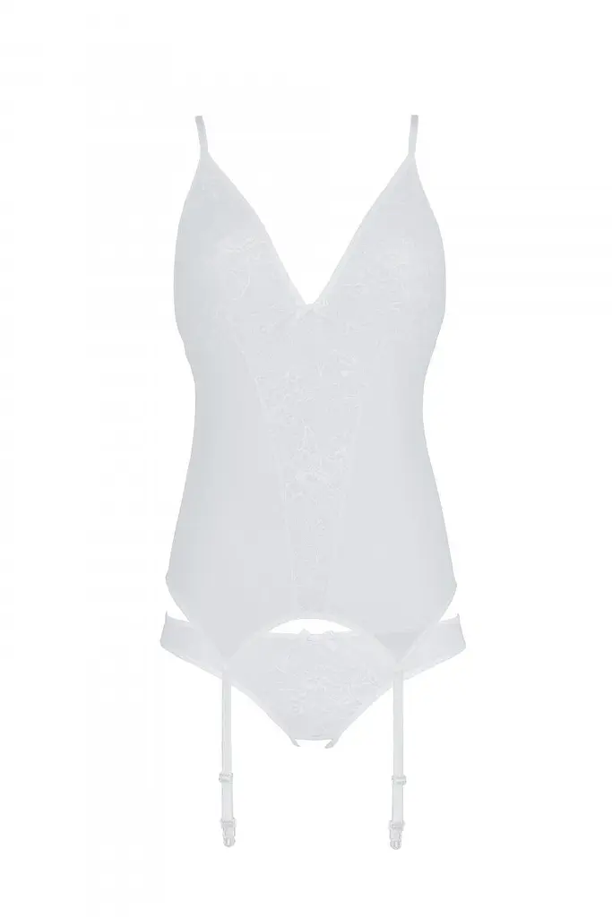 Корсет с пажами Passion Ursula Corset, трусики с ажурным декором и открытым шагом, S/M (белый) - фото 4