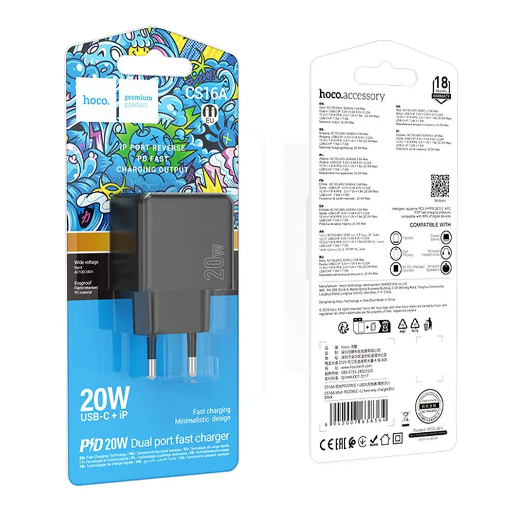 Мережевий зарядний пристрій Hoco CS16A Dual port Type-C/Lightning PD/QC 20W PPS Black (35776_3605181) - фото 2
