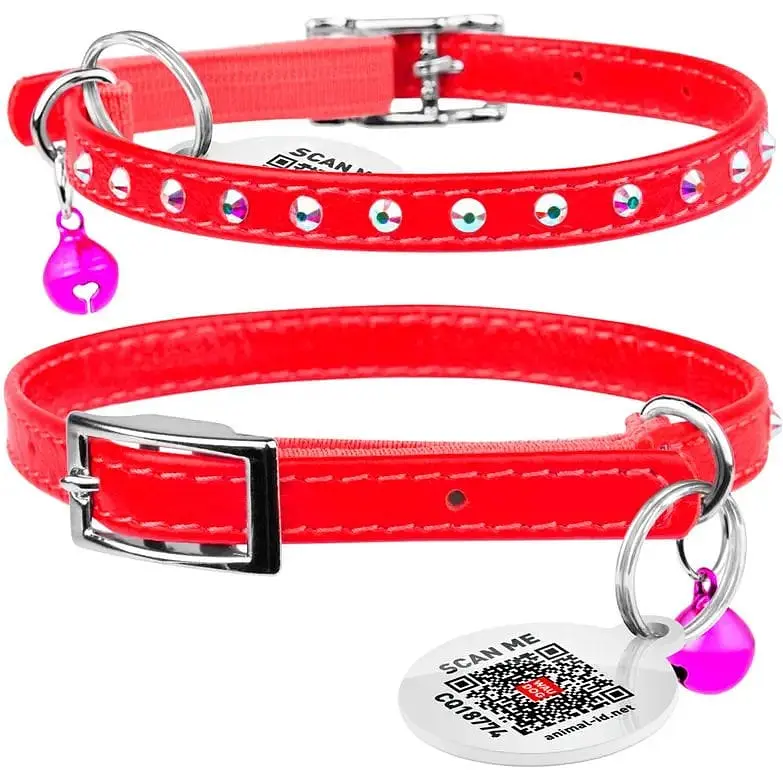 Ошейник для кошек Waudog Glamour кожаный с эластичной вставкой и стразами 22-30х0.9 см красный - фото 3