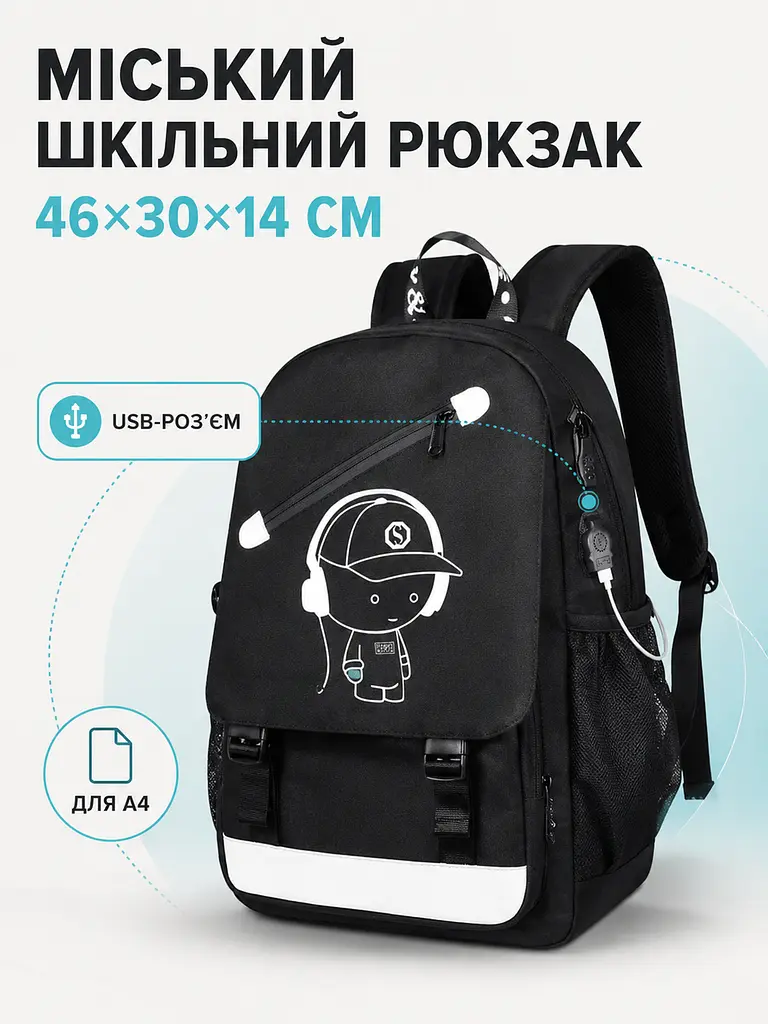 Рюкзак міський шкільний Fortnite 46×30×14 см для ноутбука, А4, з USB і світним малюнком, чорний (49676328) - фото 2