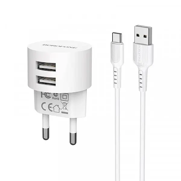 Адаптер зарядний набір із кабелем USB-C - Borofone BA23A 2 USB 2.4A - фото 2