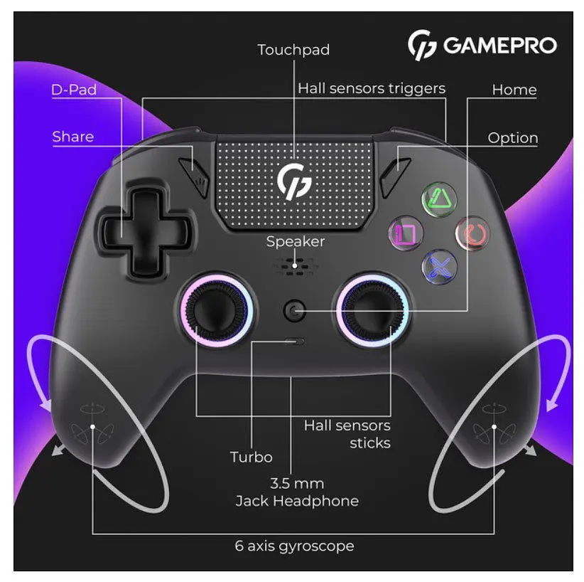 Геймпад Bluetooth джойстик GamePro GPS-13B Bluetooth 5.3/USB (PC/iOS/Android/PS3/PS4) DualShock RGB Black - фото 12