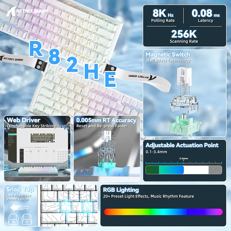 Ігрова дротова магнітна клавіатура Attack Shark R82 / Дротове підключення / Magnetic Switch / White - фото 6