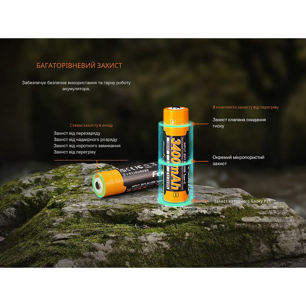 Акумулятор 18650 Fenix 3400 mAh li-ion зарядка Type-C (ARB-L18-3400U-V30) - фото 10