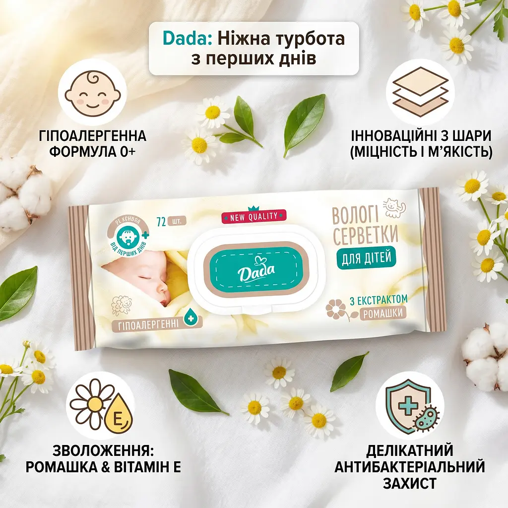 Вологі серветки для дітей Dada з екстрактом ромашки 72 шт. - фото 3
