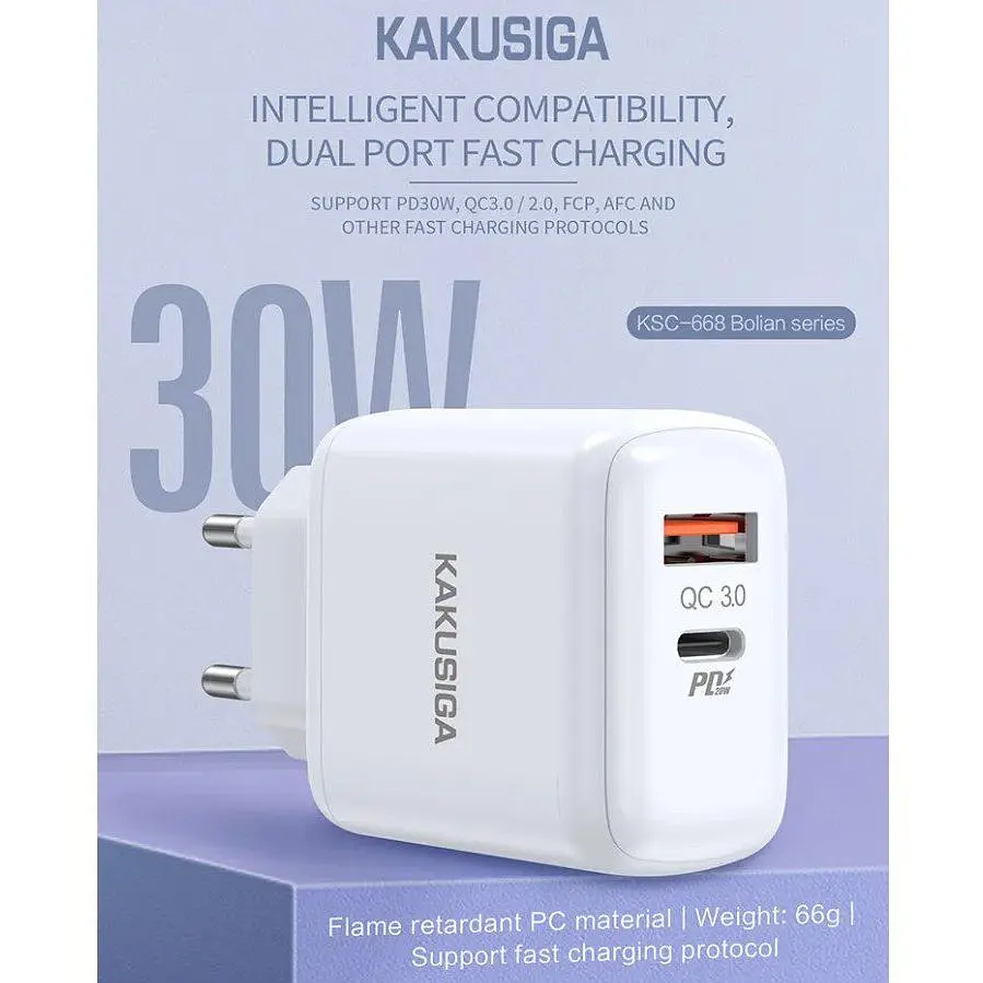 Зарядное устройство для смартфона Kakusiga KSC668 dual port 30W QC3.0 + кабель 3А белое - фото 2
