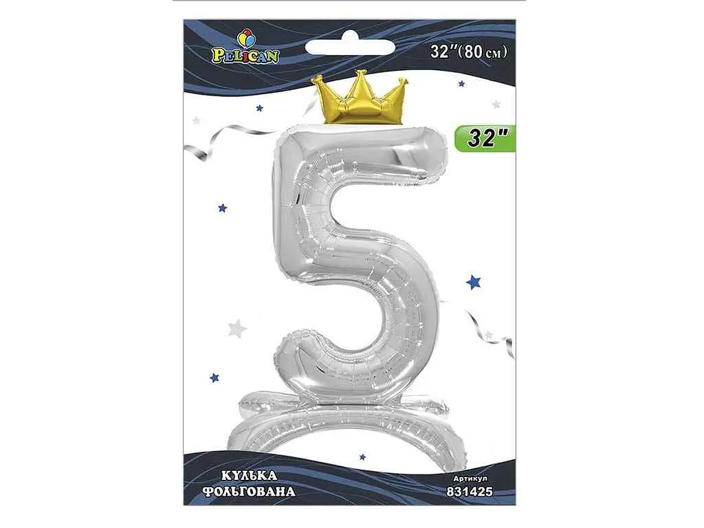 Кулька фольгована цифра PELICAN 32 (80 см) 1 з короною на підставці 5 срібло