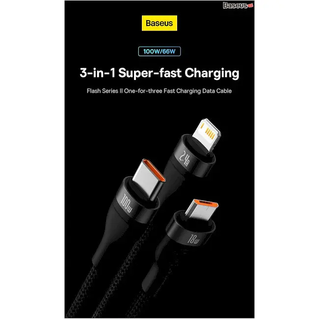 Кабель Baseus Flash Series Ⅱ 3-in-1 Cable USB to MicroUSB+Lightning+Type-C 100W 1.2m CASS030003 Blue - фото 6
