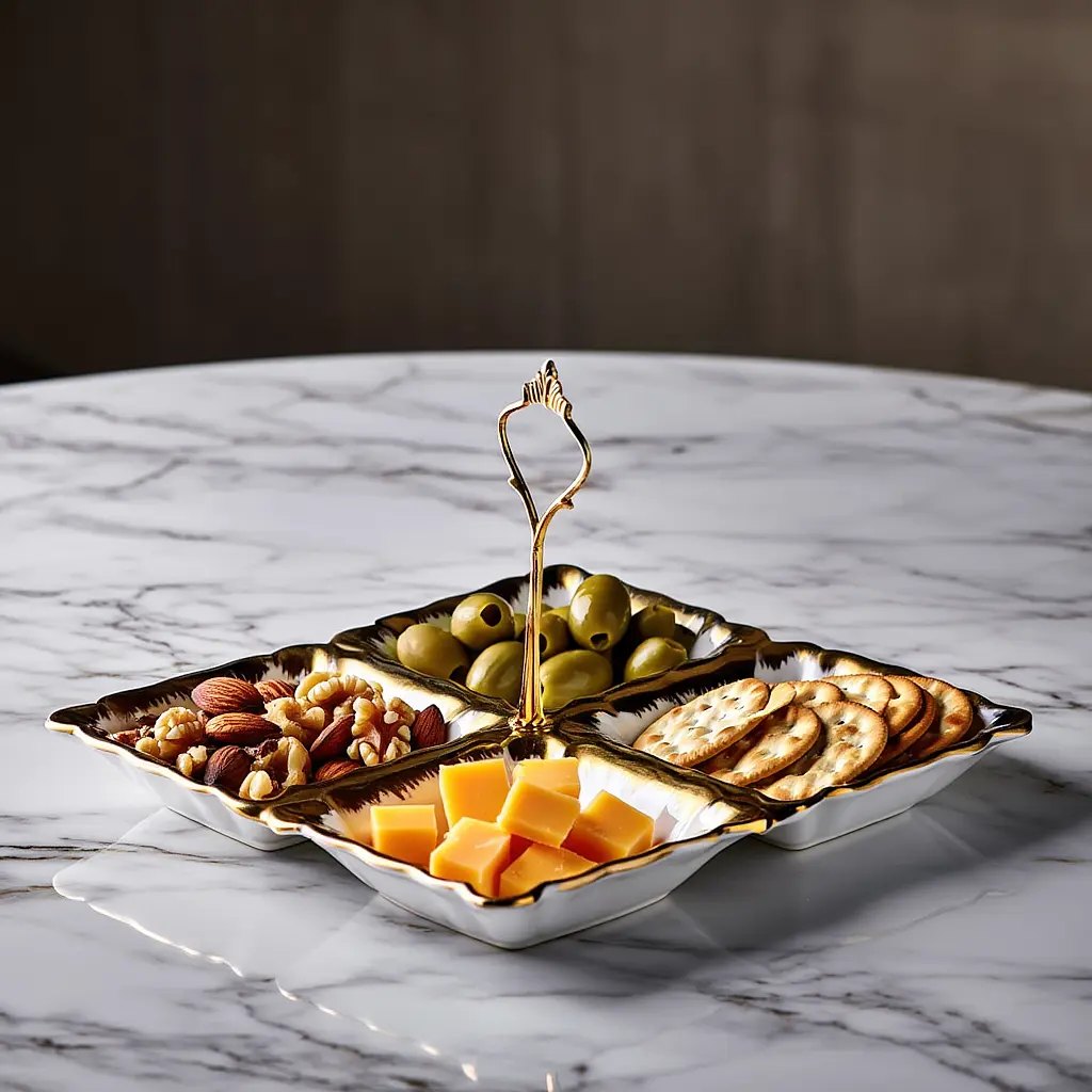 Менажница фарфоровая на 4 секции для закусок тарелка менажница 22.5×22.5×3 (см) с ручкой Белый с золотом Yiwu LC-BYL-101 - фото 4