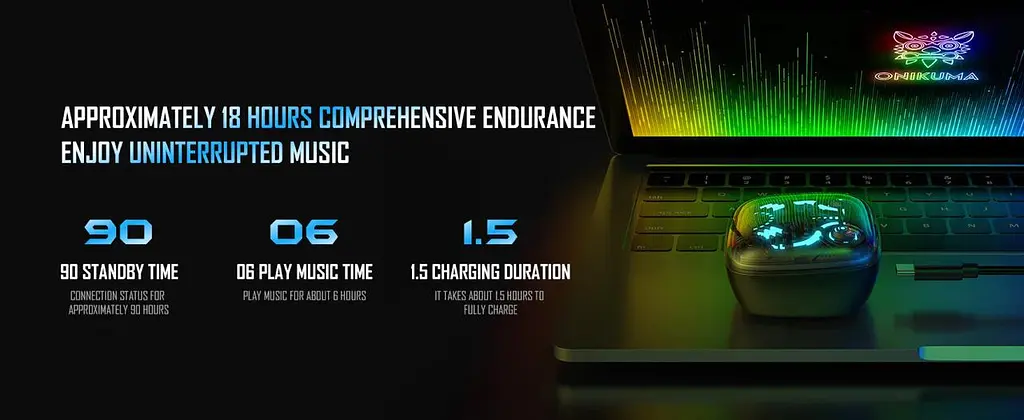 Ігрові бездротові TWS навушники Onikuma T-12 з RGB-підсвіткою, Bluetooth 5.3, Hi-Fi  - фото 13