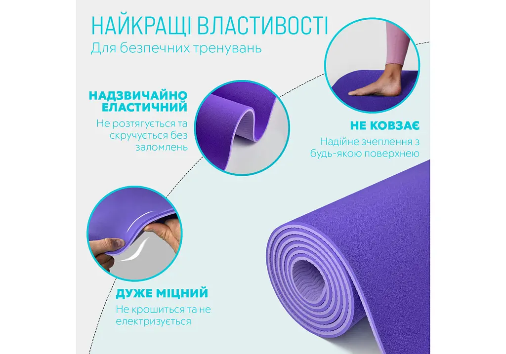 Коврик для йоги і фітнесу EasyFit TPE+TC 6 мм двошаровий + Чехол сиреневий (EF-1924s-VV) - фото 3