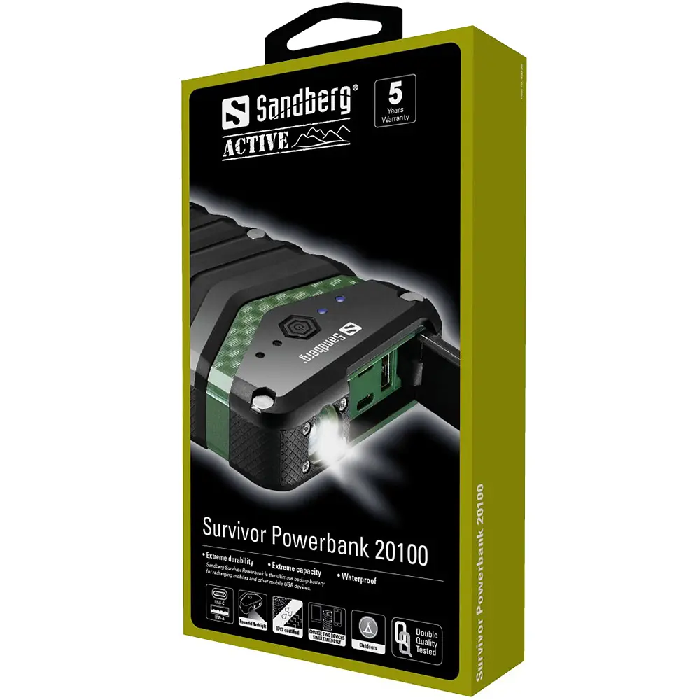 УМБ Sandberg Survivor 20100mAh IP67, LED Torch, 2xUSB, 2.4A, Type-C OUT, LED фонарь - фото 2