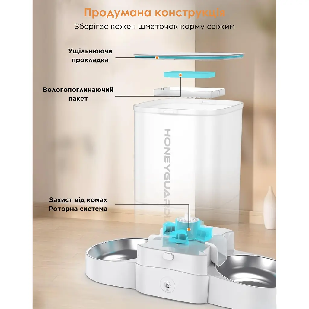Автоматична годівниця для котів HoneyGuardіan S305D 5 л Wi-Fi з двома мисками, білий - фото 3