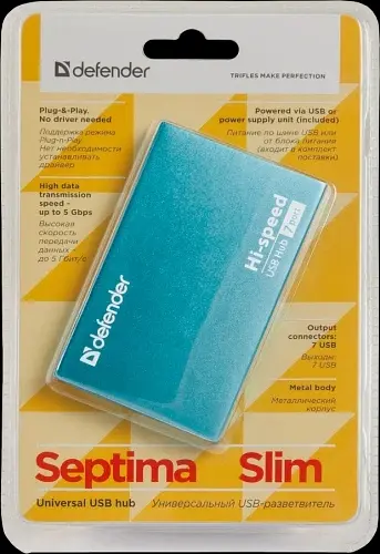 Хаб USB Septima Slim Cyan USB 2.0 - 7xUSB 2.0 Defender teh0019577 - фото 5