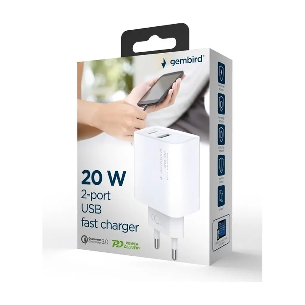 Зарядний пристрій Gembird USB-A + Type-C (PD20W + QC3.0 18W) white (TA-UC-PDQC20-01-W) - фото 6