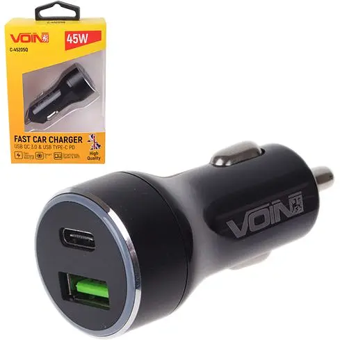 Автомобільний зарядний пристрій Voin 45W, 1USB QC3.0 18W + 1PD 27W 12/24V (C-45205Q) - фото 2