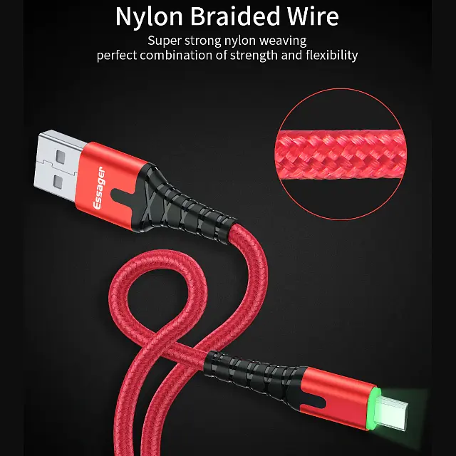 Зарядний кабель з підсвічуванням червоний ESSAGER micro USB 2.4 A 1метр - фото 4