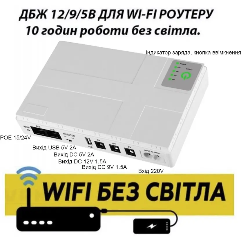 ИБП UPS для роутера DC1018P 12V/ 9V/ 5V 10400 mAh 18W для устройств постоянного тока DC белый - фото 4