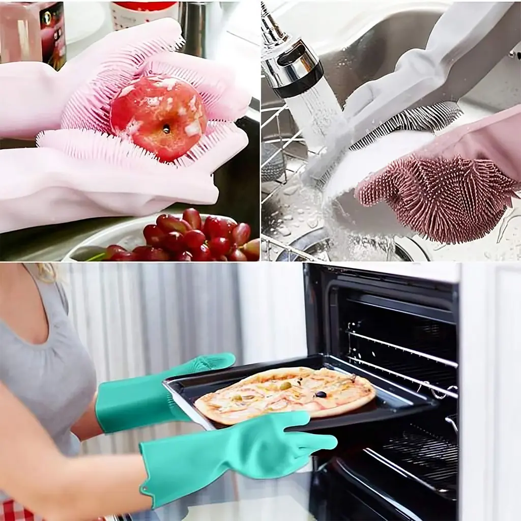 Силіконові багатофункціональні рукавички Magic Silicone Gloves Pink для прибирання, чищення та миття посуду, Kitchen Master Синій 86830 - фото 8