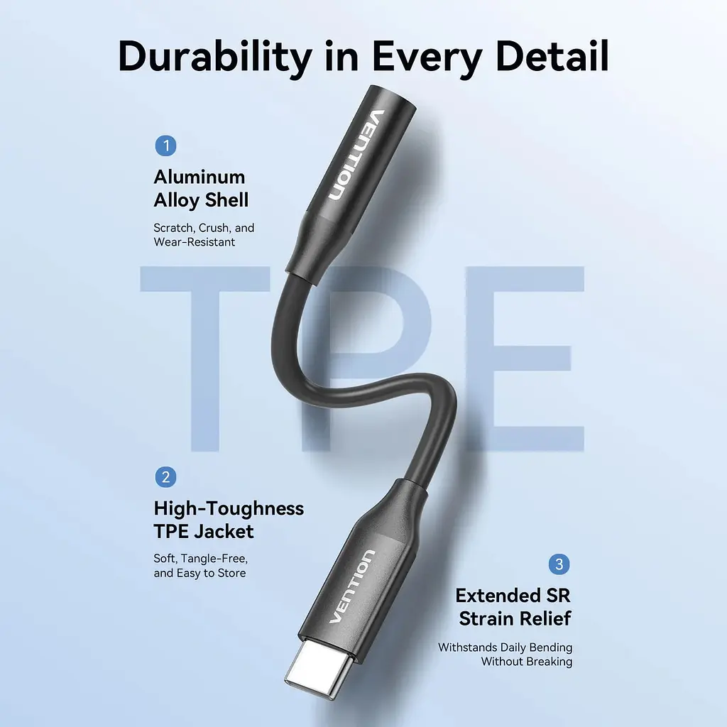 Перехідник USB-C аудіо Jack 3.5мм, Aluminum Alloy, чорний Vention - фото 5