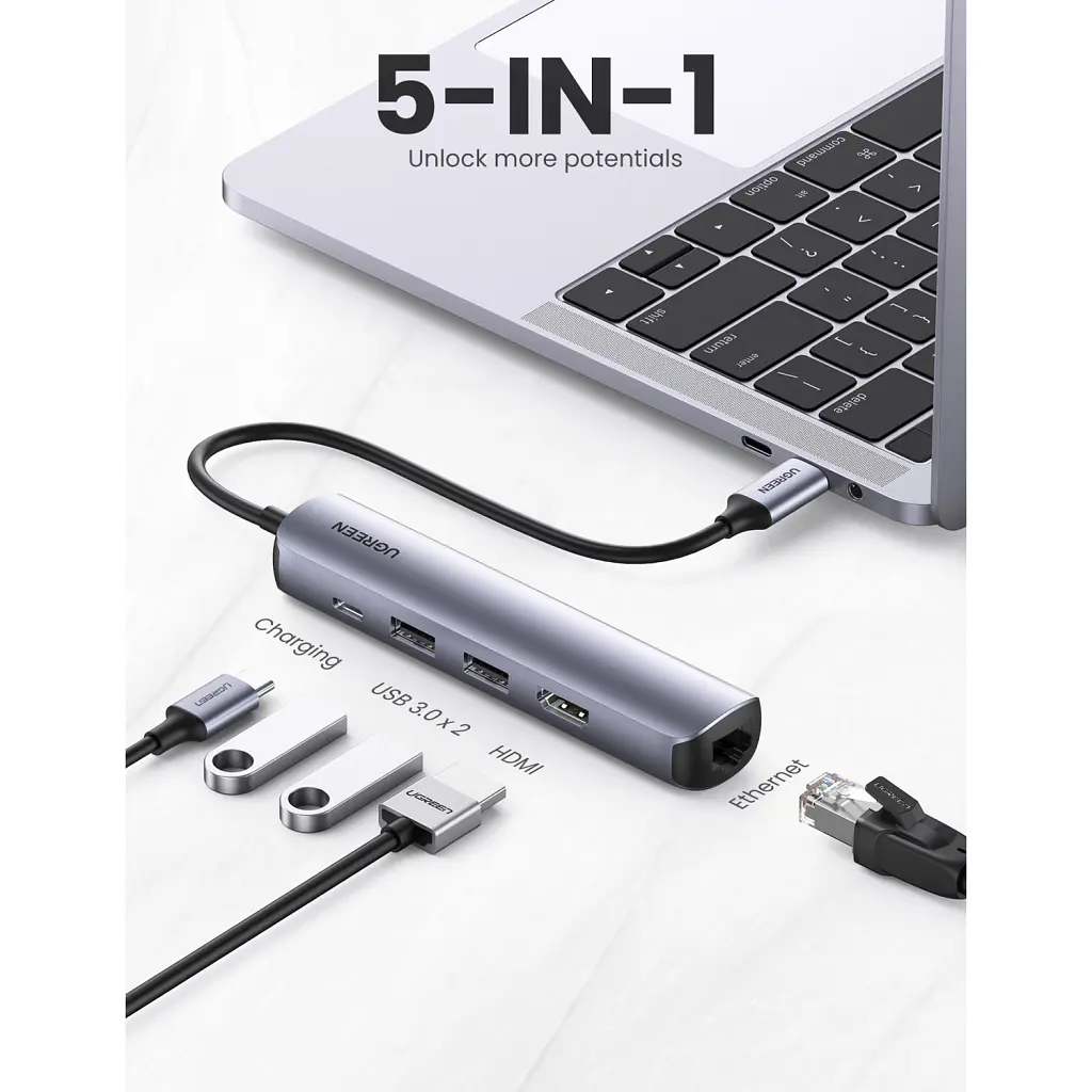 Концентратор Ugreen USB3.0 Type-C to HDMI 4K30Hz/USB 3.0x2/RJ45/PD CM418 (10919) - фото 2
