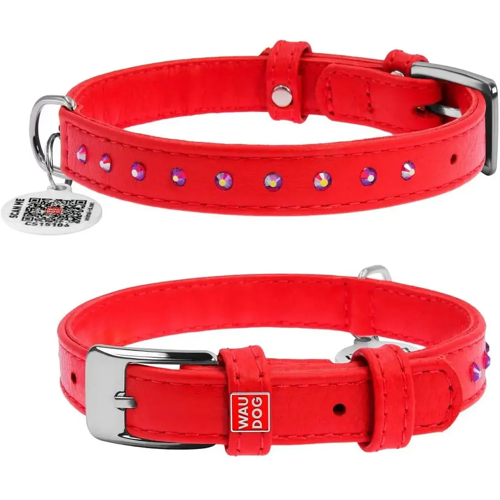 Ошейник для собак Waudog Glamour, кожаный, со стразами, с QR паспортом, S, 21-29х1,2 см, красный - фото 3