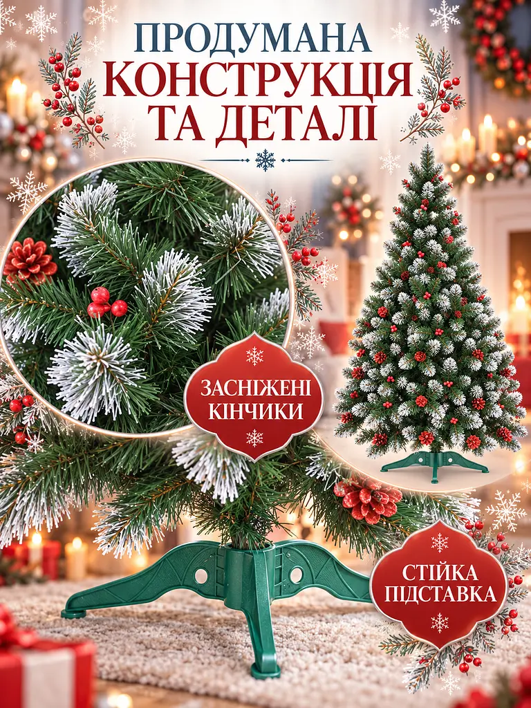 Елка искусственная YaLINKA КK18 Адель 180 см, с красными шишками, жемчугом и заснеженными кончиками, зеленая (49676506) - фото 6