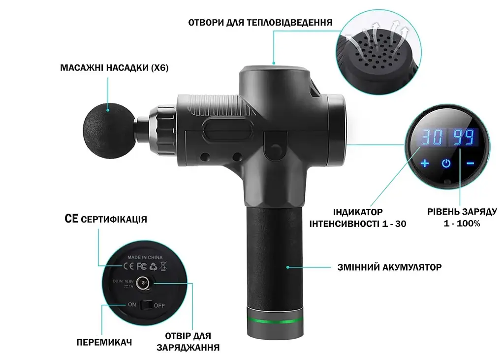 Масажний пістолет EasyFit Percussio (портативний перкусійний вібромасажер для тіла з 6 насадками) (EF-2073) - фото 8