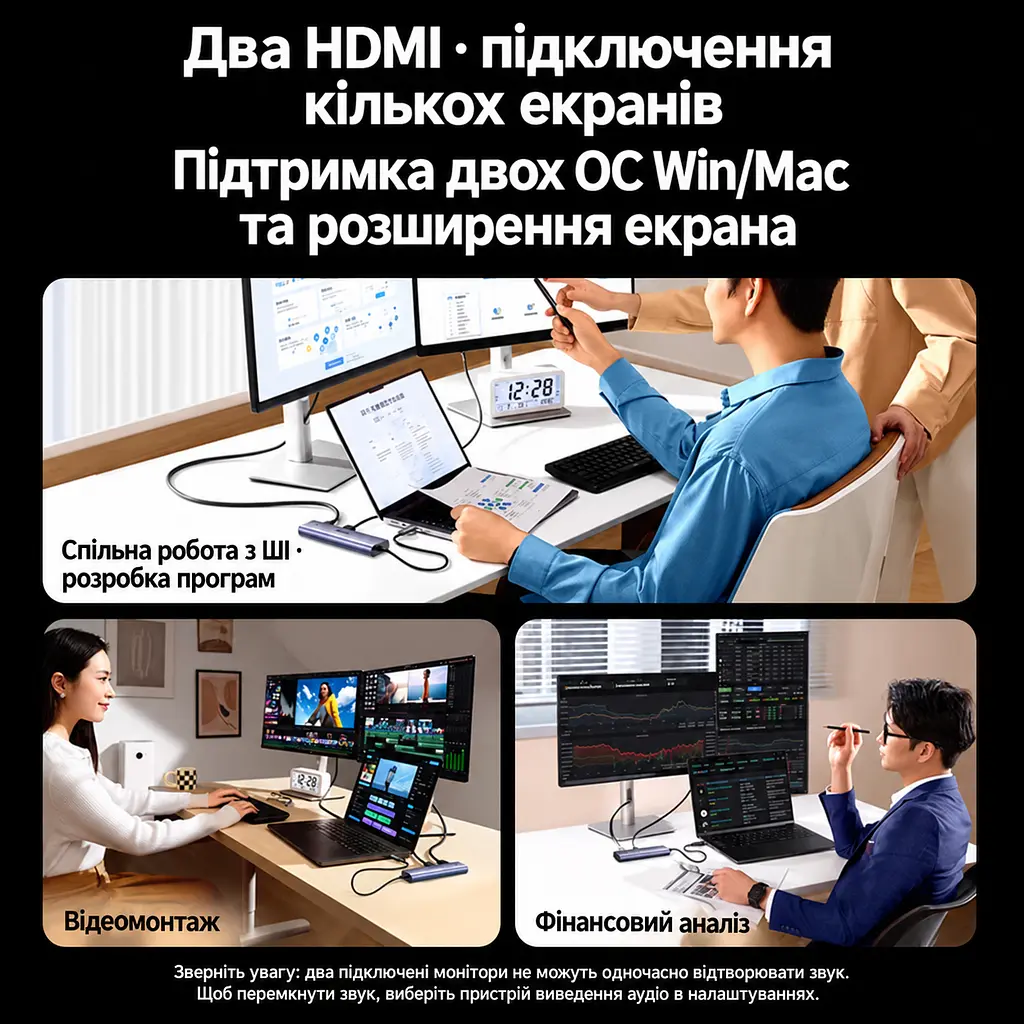 Док-станція UGREEN CM511 USB-хаб 5 в 1 підключення до комп’ютера через USB-C або USB-A 2 виходи HDMI до 1080p 60 Гц на кожному USB-A 3.0 до 5 Гбіт/с та USB-A 2.0 до 480 Мбіт/с зарядний вхід USB-C PD 3.0 до 100 Вт лише при підключенні комп’ютера через USB-C для Windows 10 або новішої та macOS Catalina 10.15 або новішої потрібне встановлення драйвера UDisplay розширення робочого столу на два монітори та дзеркальне відображення вбудований кабель 20 см космічний сірий (95945) - фото 6
