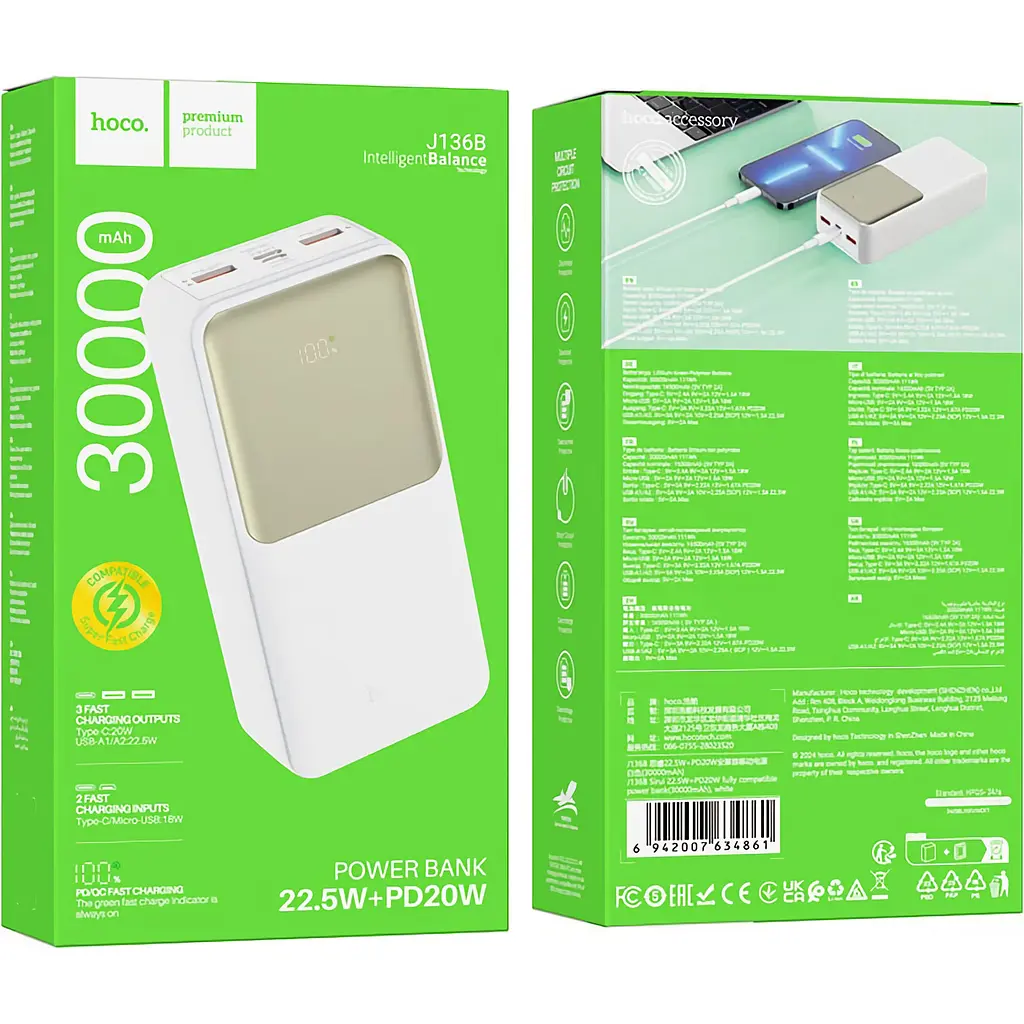 Внешний аккумулятор Hoco J136B Sirui 30000mAh 22.5W White [123380] - фото 3