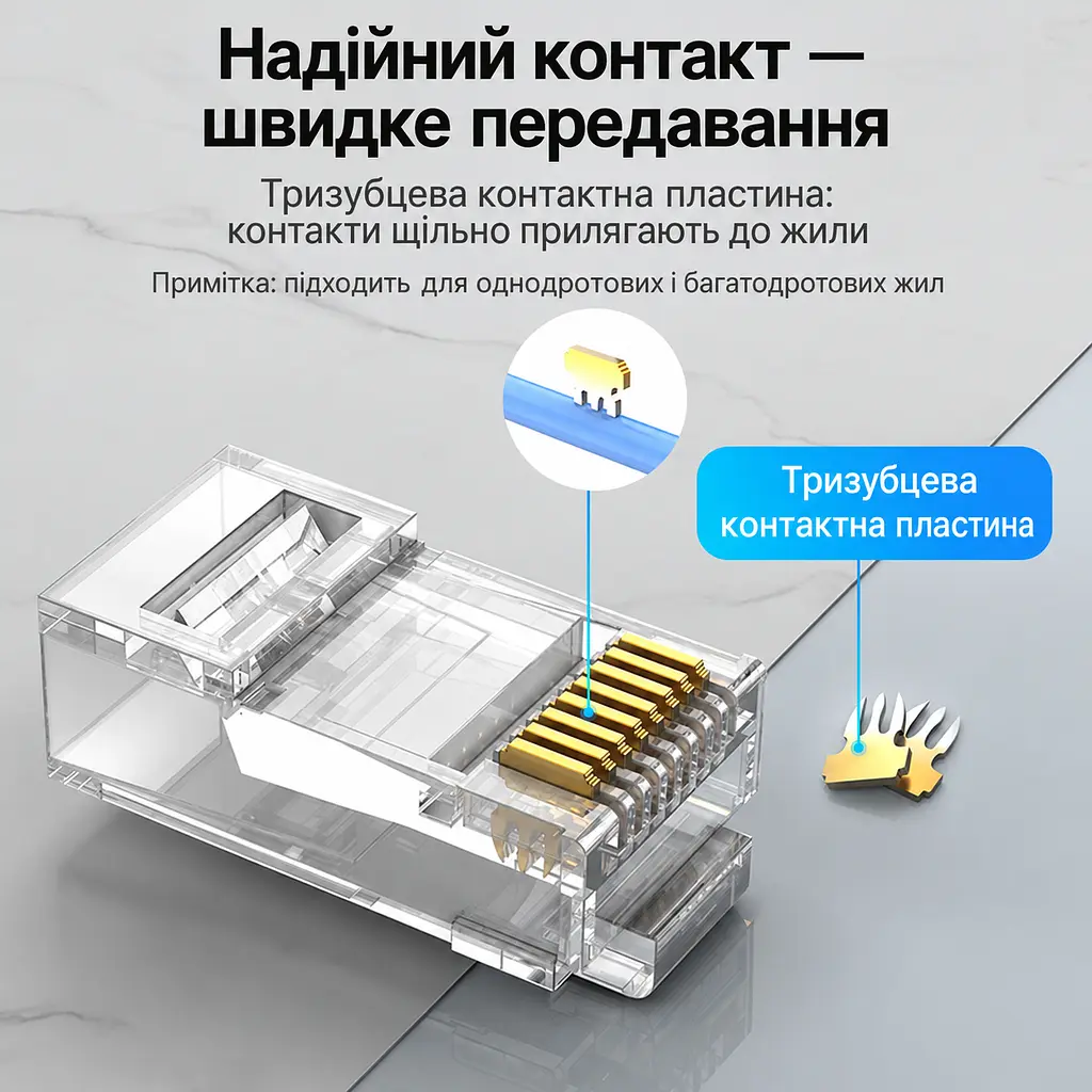 Модульные штекеры RJ45 для сетевого кабеля Vention 50 шт. Cat.6A UTP для одножильного и многожильного провода 23–26 AWG с диаметром отверстия для провода 1,5 мм непроходные с отдельной направляющей-вставкой для жил позолоченные контакты прозрачные корпуса (IDGR0-50) - фото 5