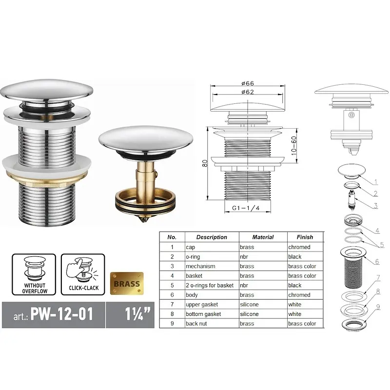 Донний клапан для раковини Koer PW-12-01 без переливу автоматичний Click-Clack 1 1/4″ Хром KR5798 - фото 4