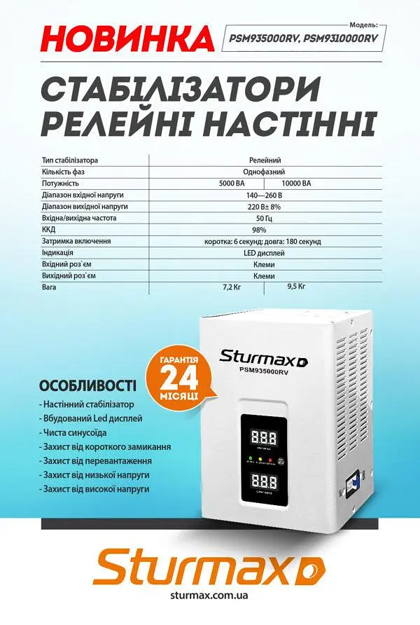 Стабілізатор напруги Sturmax PSM935000RV - фото 2