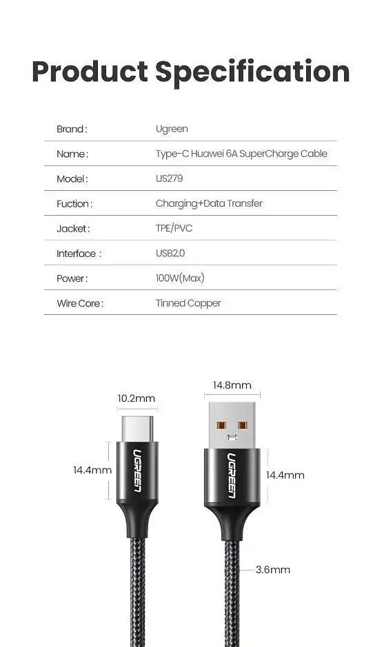 Кабель зарядний Ugreen Type-C 6A 100W Huawei Supercharge 2М Black Nylon, 50995 (US279) - фото 8
