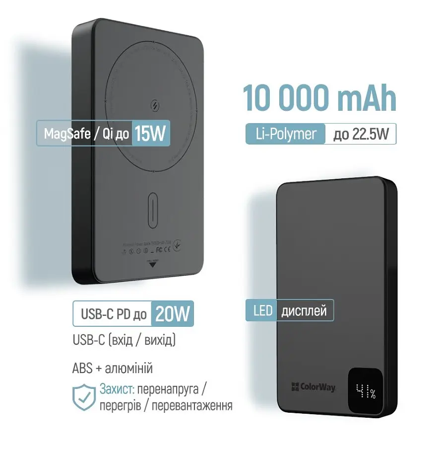 Повербанк Powerbank ColorWay PB-100LPA1BK-WPDD 10000mAh 15W MagSafe (USB-C PD 20W) Black - фото 5
